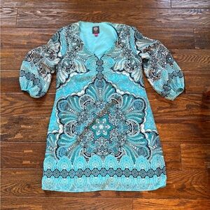 Turquoise Paisley V-Neck Tunic Dress Vince Camuto